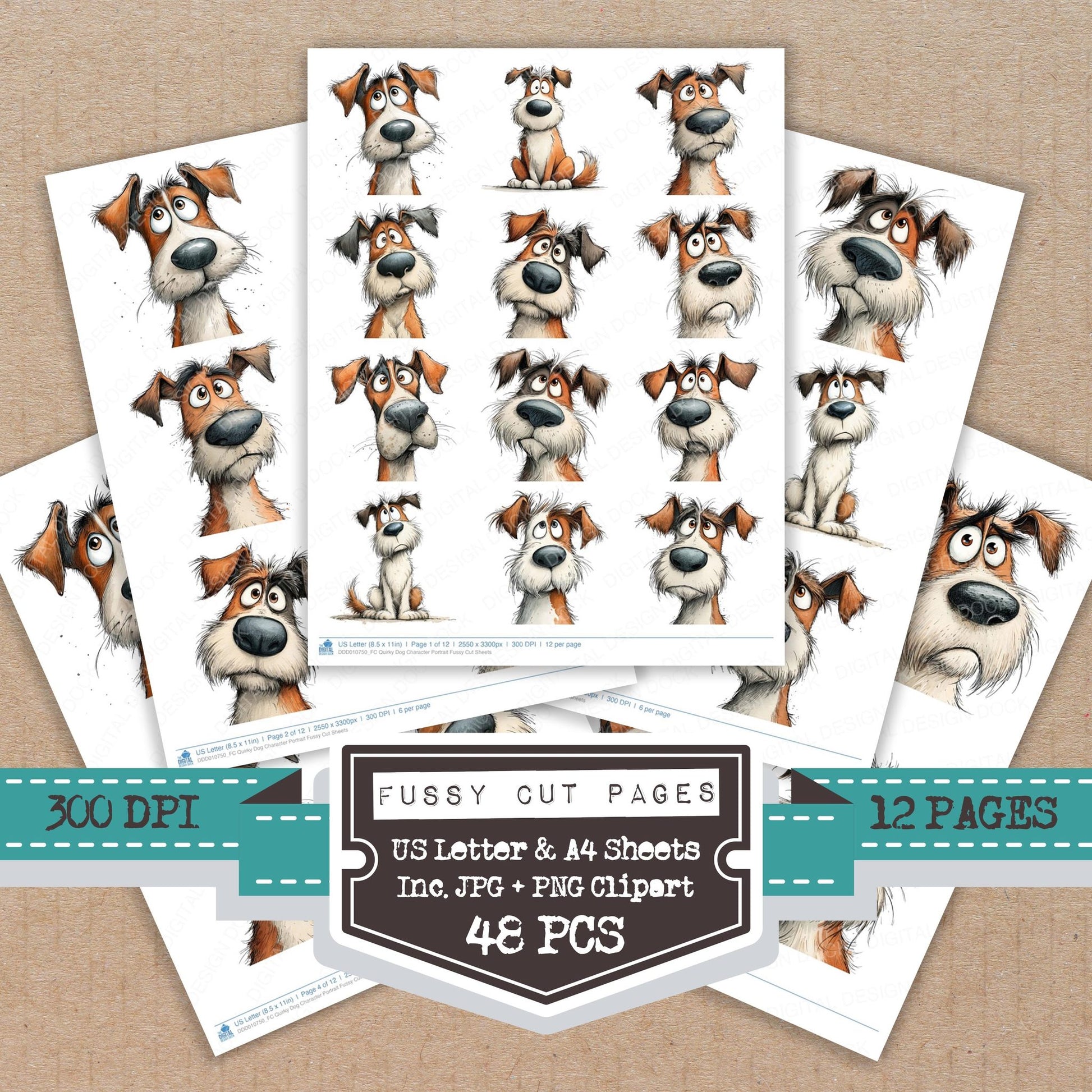 Quirky Dog Character Portrait fussy cut printable sheets for junk journaling, scrapbooking, and paper craft projects