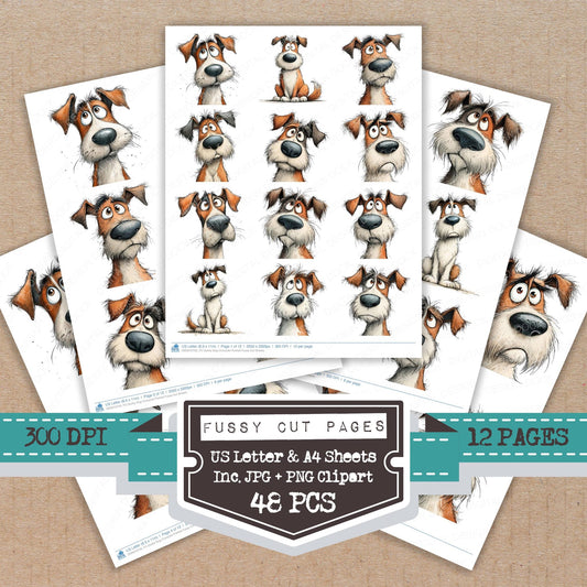 Quirky Dog Character Portrait fussy cut printable sheets for junk journaling, scrapbooking, and paper craft projects
