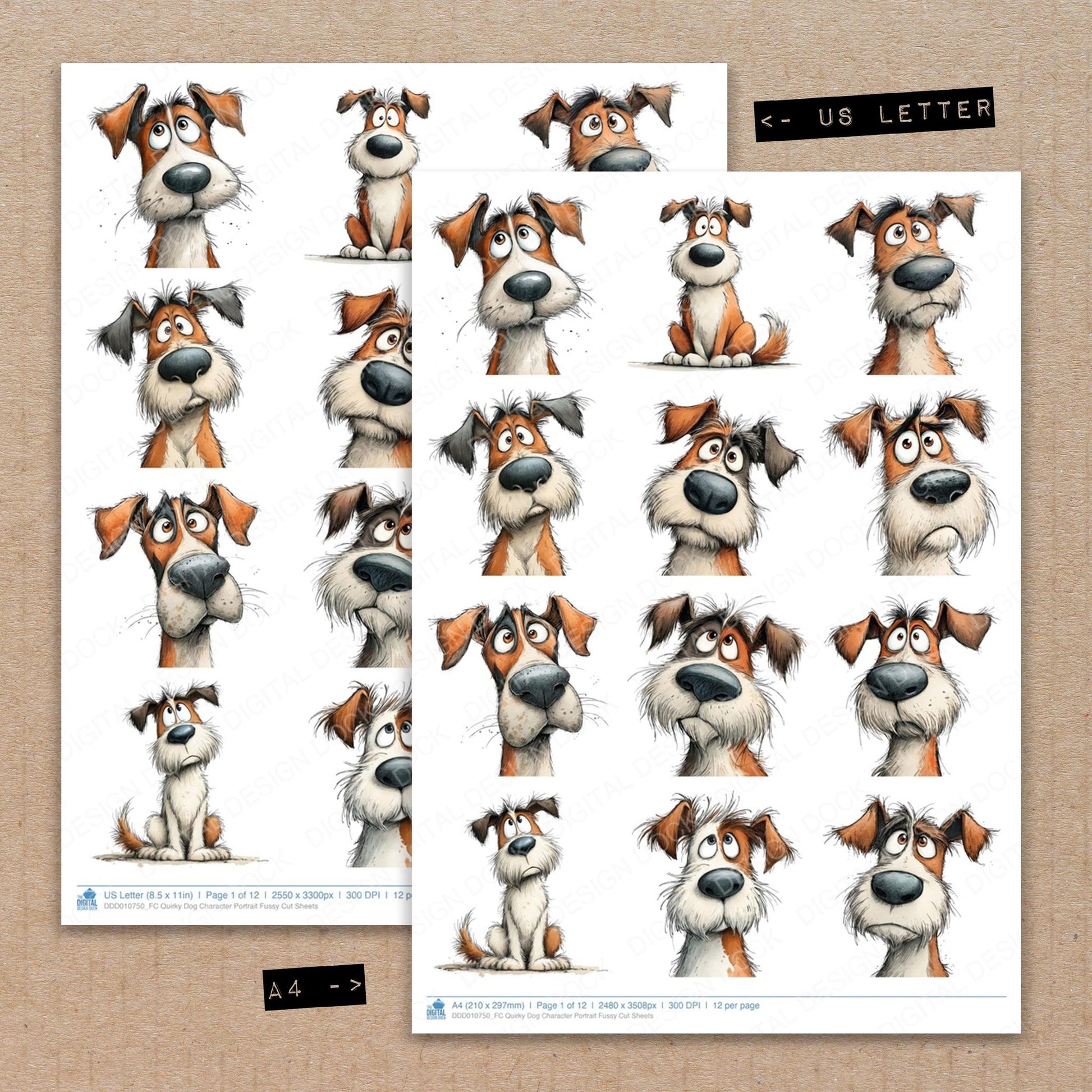 A4 and US Letter format comparison showing Quirky Dog Character Portrait fussy cut pages for print and cut crafting