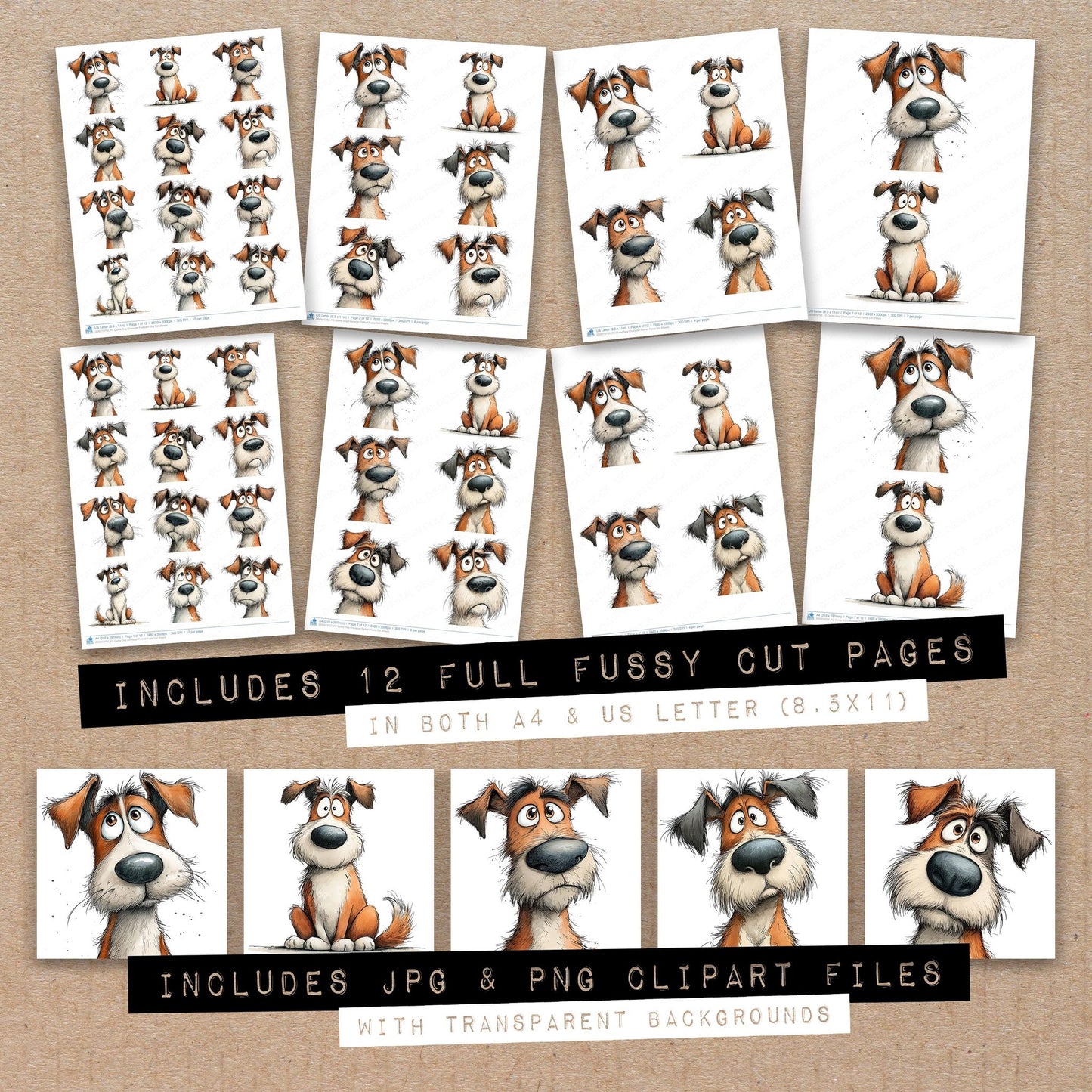 Full collection view of Quirky Dog Character Portrait fussy cut sheets with bonus clipart JPG and PNG files