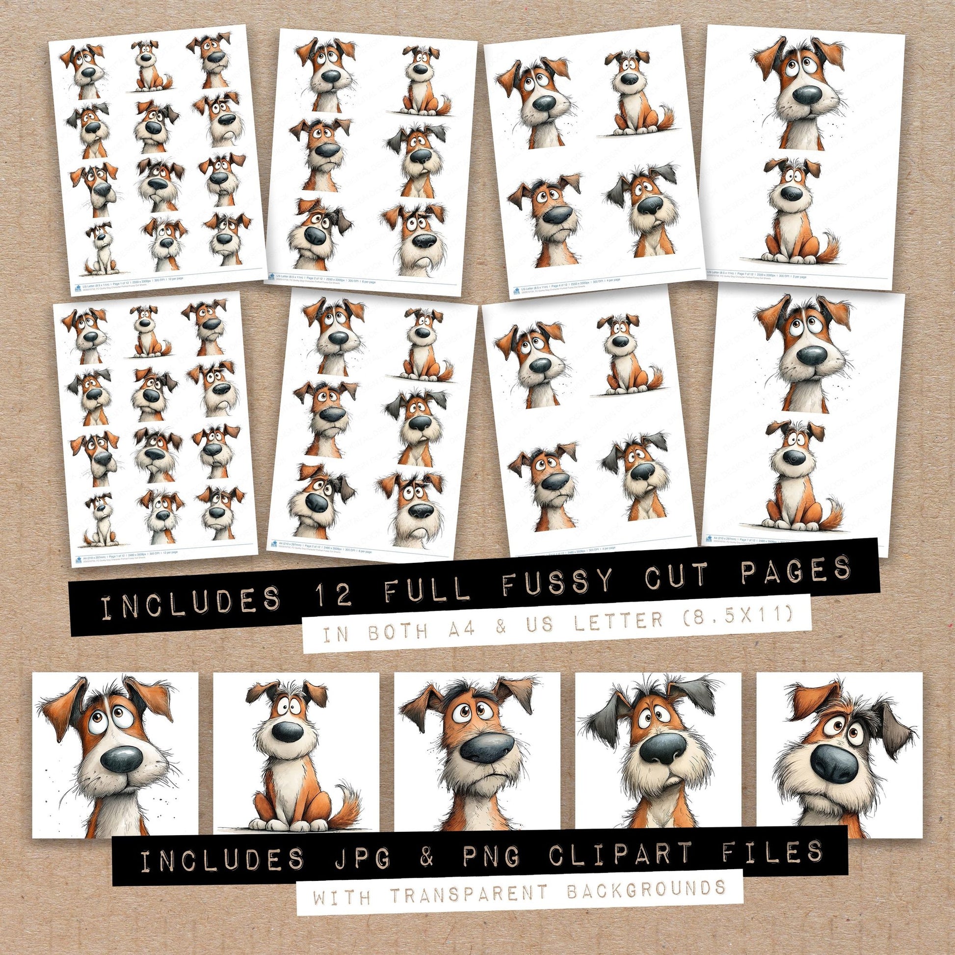 Full collection view of Quirky Dog Character Portrait fussy cut sheets with bonus clipart JPG and PNG files