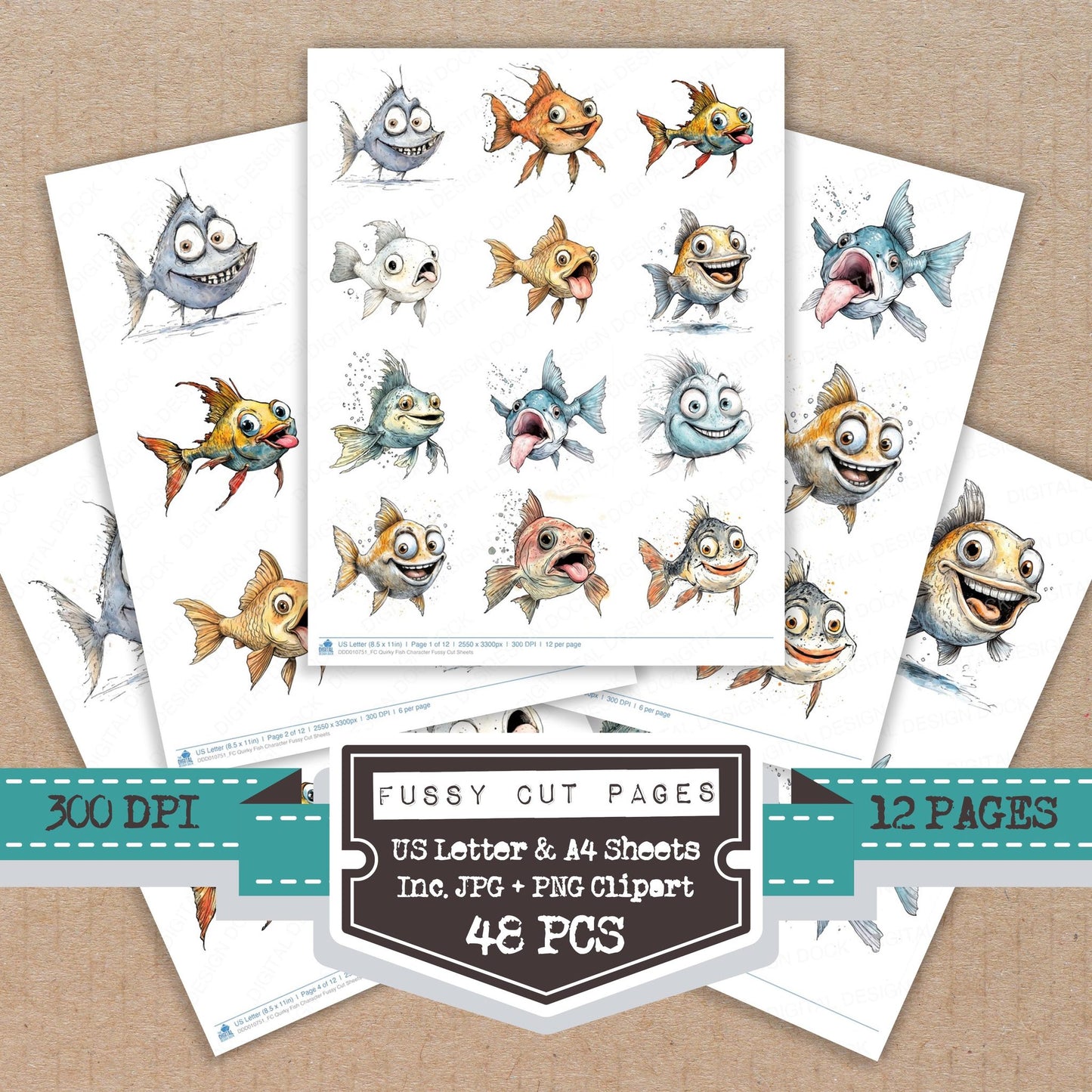 Quirky Fish Character fussy cut printable sheets for junk journaling, scrapbooking, and paper craft projects