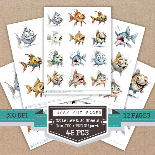 Quirky Fish Character fussy cut printable sheets for junk journaling, scrapbooking, and paper craft projects