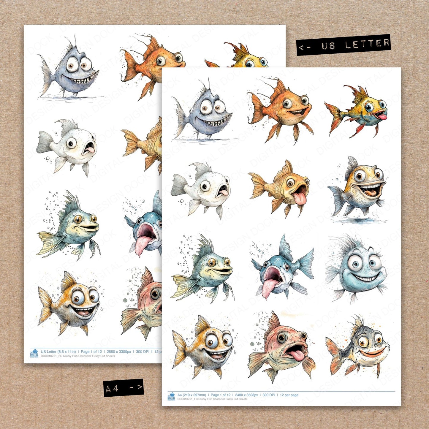 A4 and US Letter format comparison showing Quirky Fish Character fussy cut pages for print and cut crafting