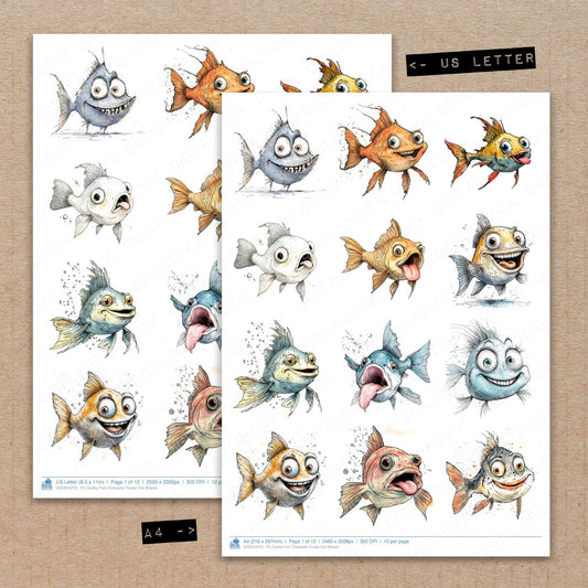 A4 and US Letter format comparison showing Quirky Fish Character fussy cut pages for print and cut crafting