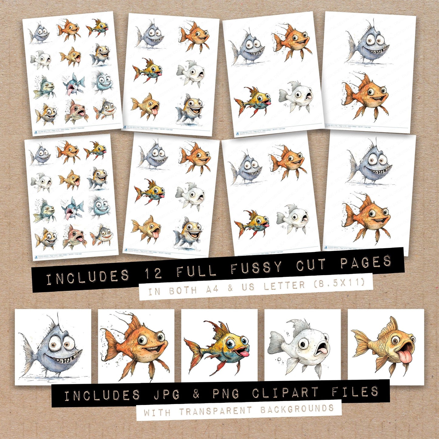 Full collection view of Quirky Fish Character fussy cut sheets with bonus clipart JPG and PNG files