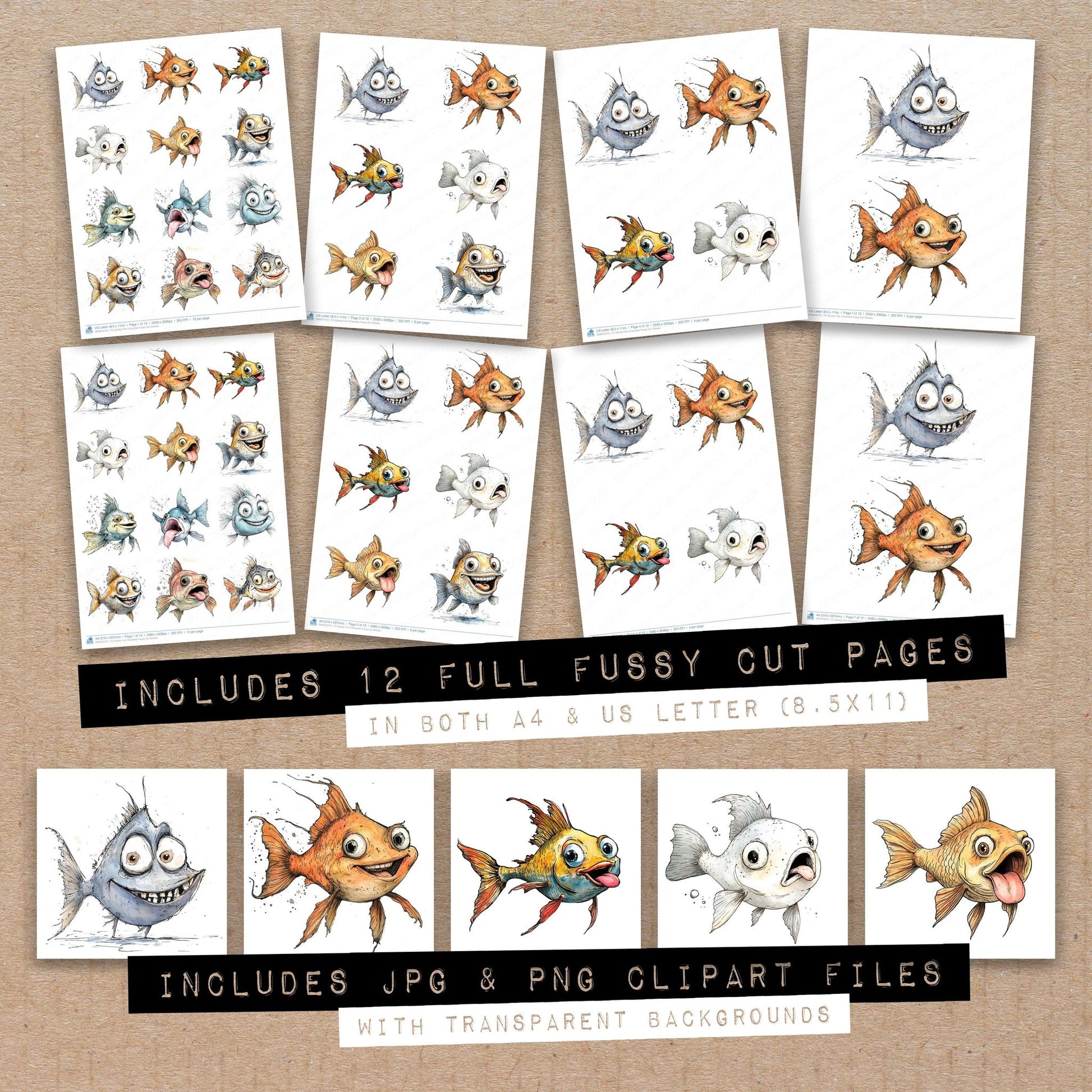 Full collection view of Quirky Fish Character fussy cut sheets with bonus clipart JPG and PNG files