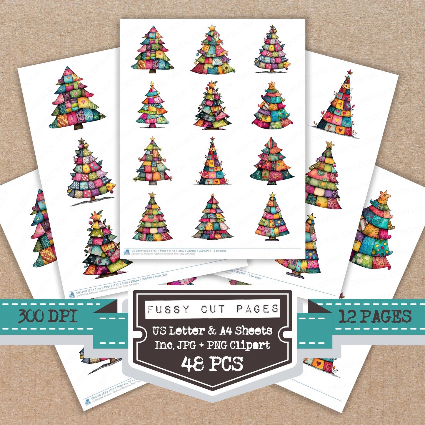Quirky Patchwork Christmas Tree fussy cut printable sheets for junk journaling, scrapbooking, and paper craft projects