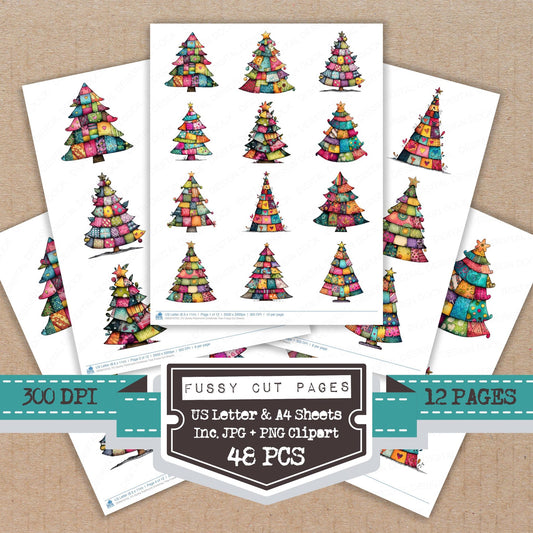 Quirky Patchwork Christmas Tree fussy cut printable sheets for junk journaling, scrapbooking, and paper craft projects