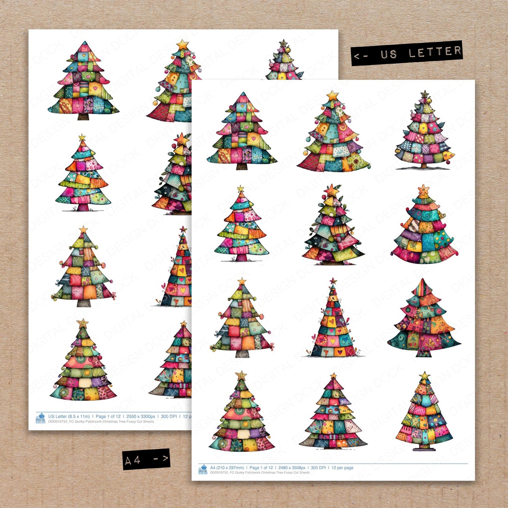 A4 and US Letter format comparison showing Quirky Patchwork Christmas Tree fussy cut pages for print and cut crafting