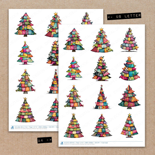 A4 and US Letter format comparison showing Quirky Patchwork Christmas Tree fussy cut pages for print and cut crafting