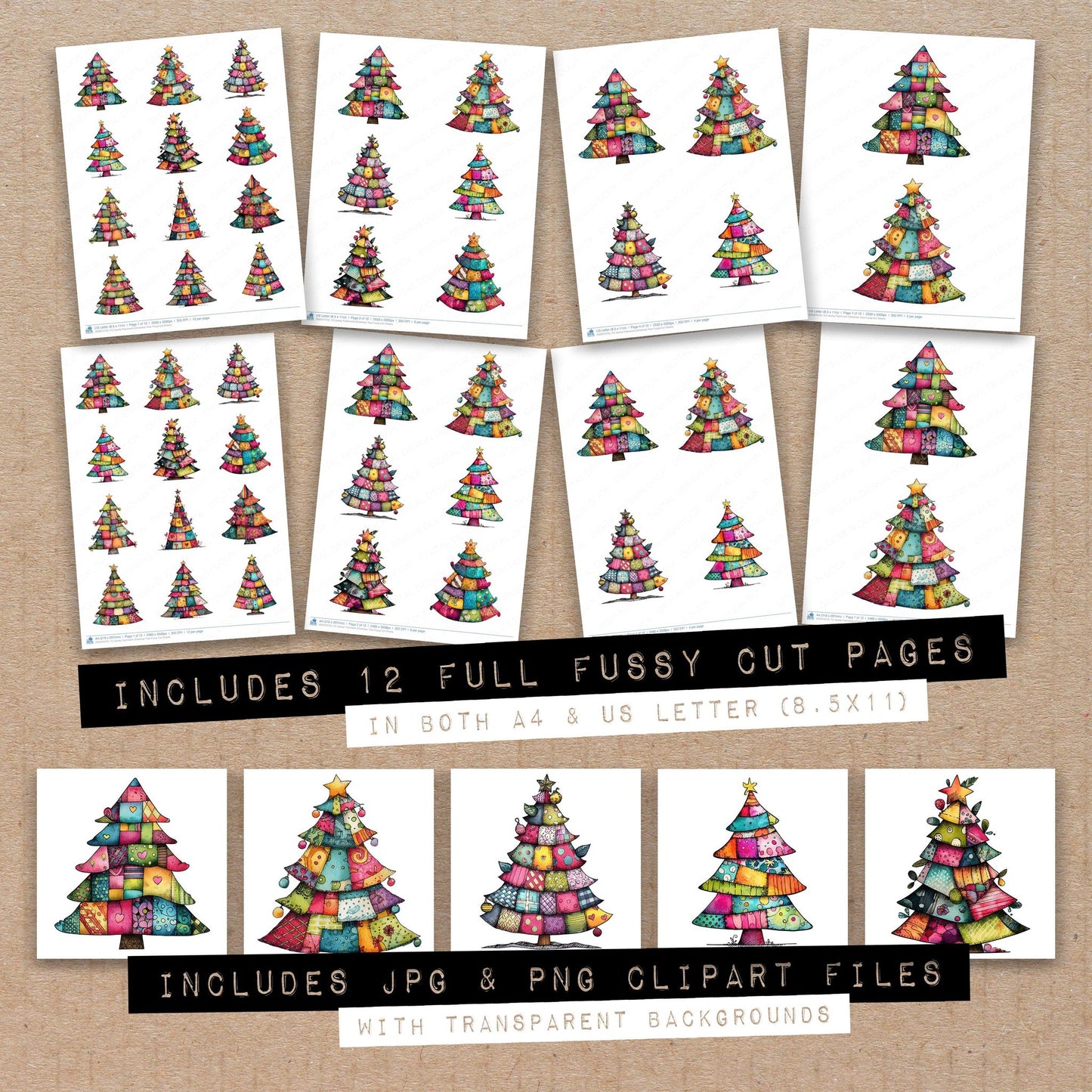 Full collection view of Quirky Patchwork Christmas Tree fussy cut sheets with bonus clipart JPG and PNG files