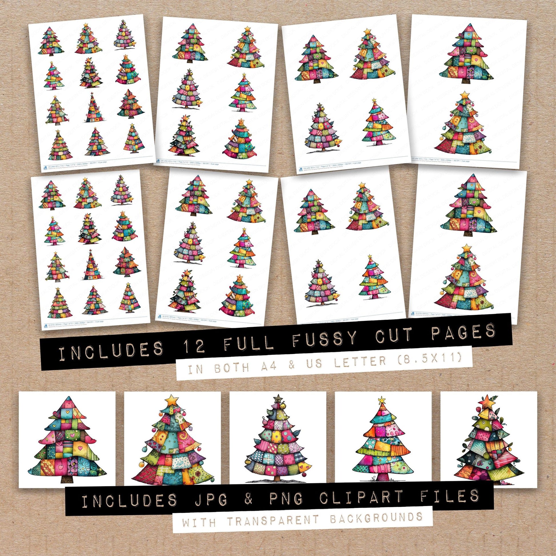 Full collection view of Quirky Patchwork Christmas Tree fussy cut sheets with bonus clipart JPG and PNG files