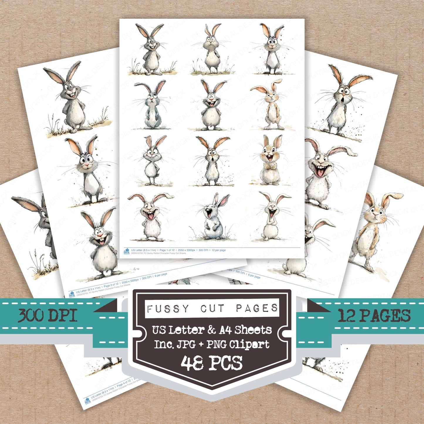 Quirky Rabbit Character fussy cut printable sheets for junk journaling, scrapbooking, and paper craft projects