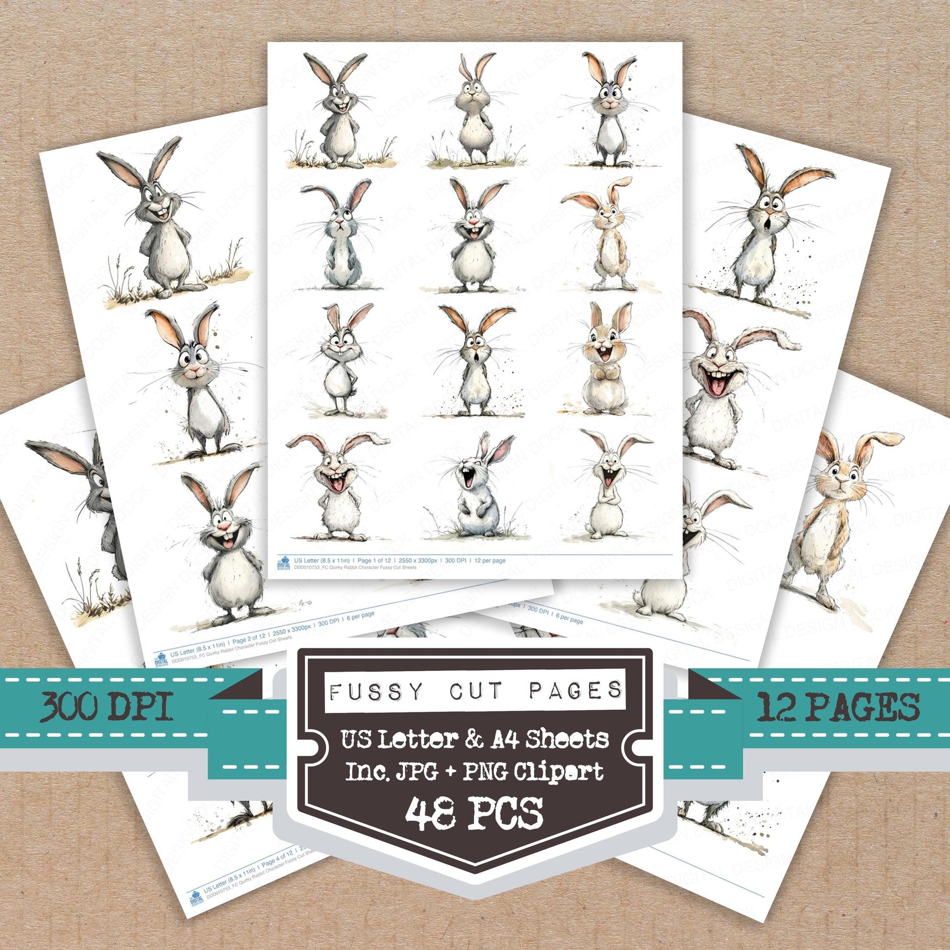Quirky Rabbit Character fussy cut printable sheets for junk journaling, scrapbooking, and paper craft projects
