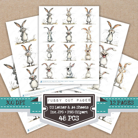 Quirky Rabbit Character fussy cut printable sheets for junk journaling, scrapbooking, and paper craft projects