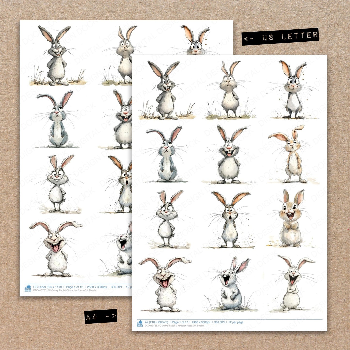 A4 and US Letter format comparison showing Quirky Rabbit Character fussy cut pages for print and cut crafting