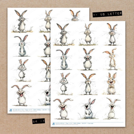 A4 and US Letter format comparison showing Quirky Rabbit Character fussy cut pages for print and cut crafting
