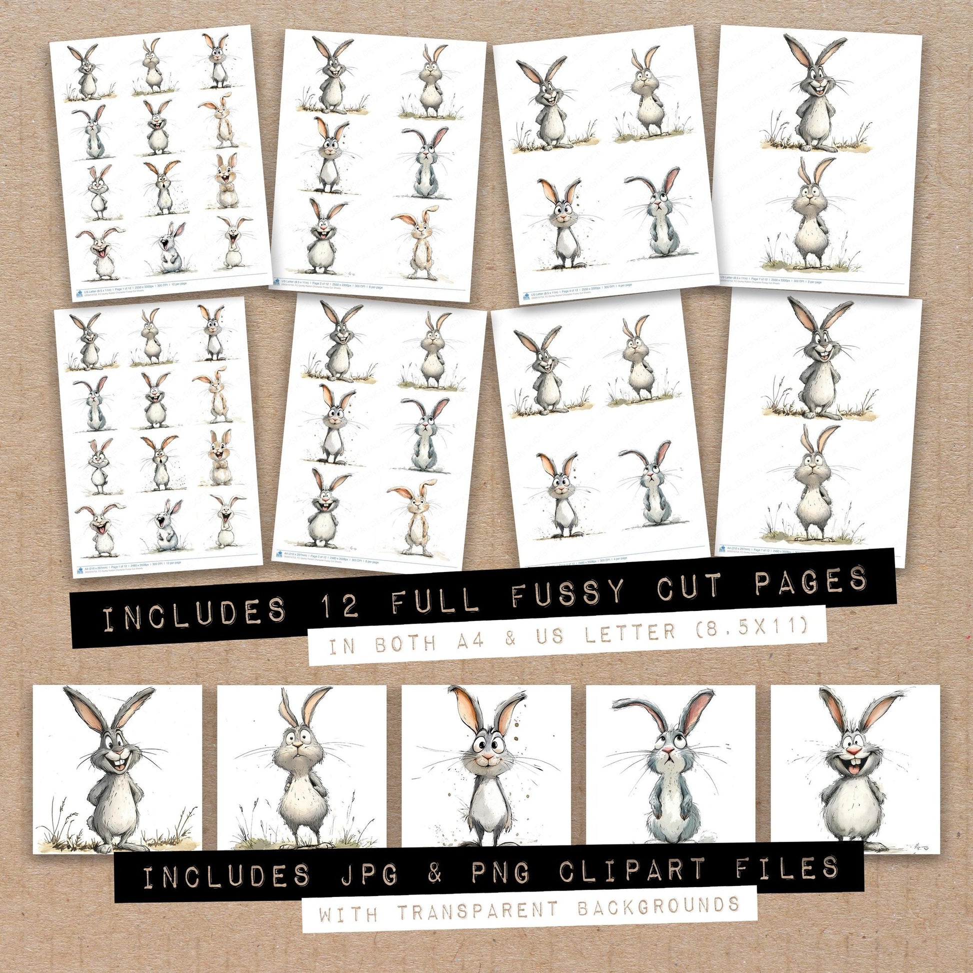 Full collection view of Quirky Rabbit Character fussy cut sheets with bonus clipart JPG and PNG files