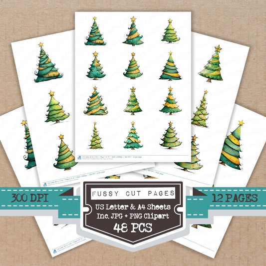 Quirky Xmas Tree fussy cut printable sheets for junk journaling, scrapbooking, and paper craft projects