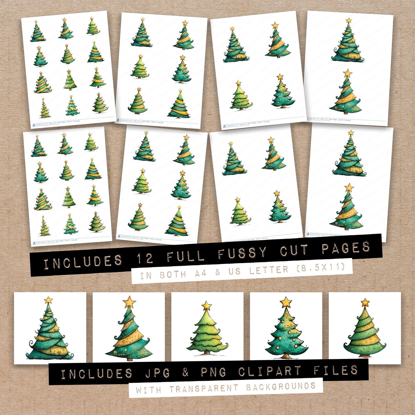 Full collection view of Quirky Xmas Tree fussy cut sheets with bonus clipart JPG and PNG files