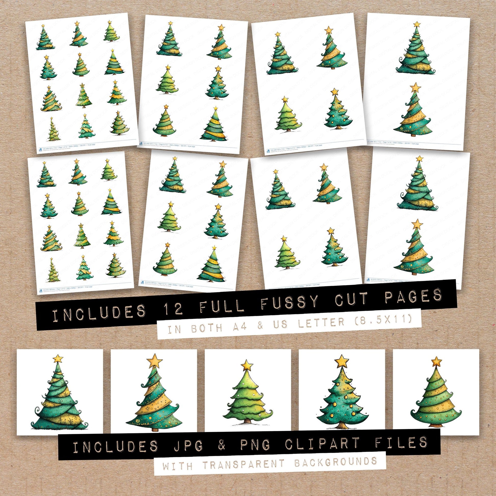 Full collection view of Quirky Xmas Tree fussy cut sheets with bonus clipart JPG and PNG files