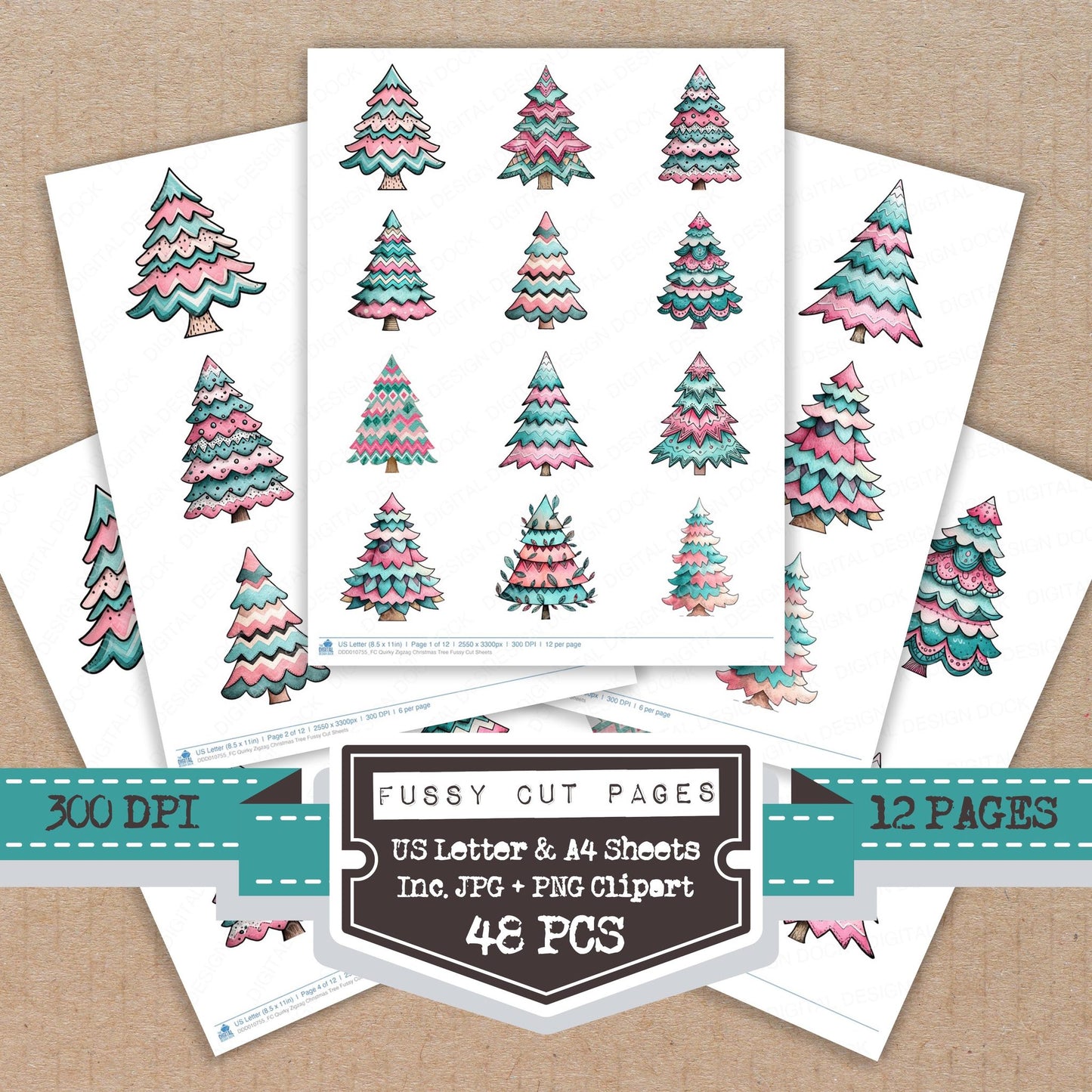 Quirky Zigzag Christmas Tree fussy cut printable sheets for junk journaling, scrapbooking, and paper craft projects