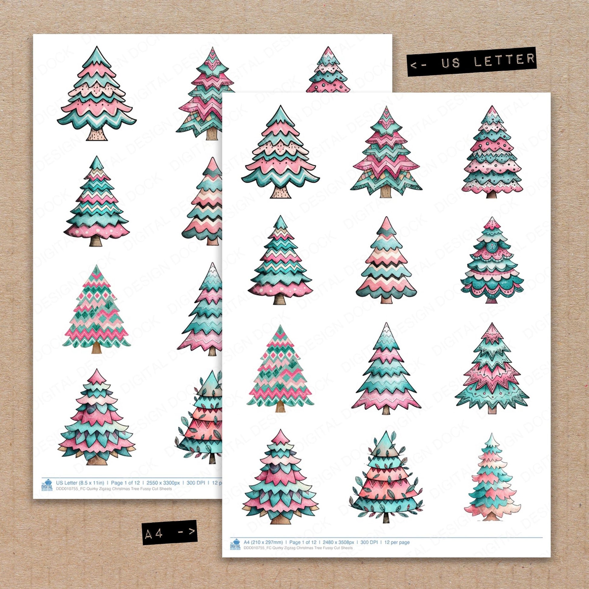 A4 and US Letter format comparison showing Quirky Zigzag Christmas Tree fussy cut pages for print and cut crafting