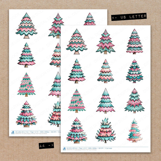 A4 and US Letter format comparison showing Quirky Zigzag Christmas Tree fussy cut pages for print and cut crafting