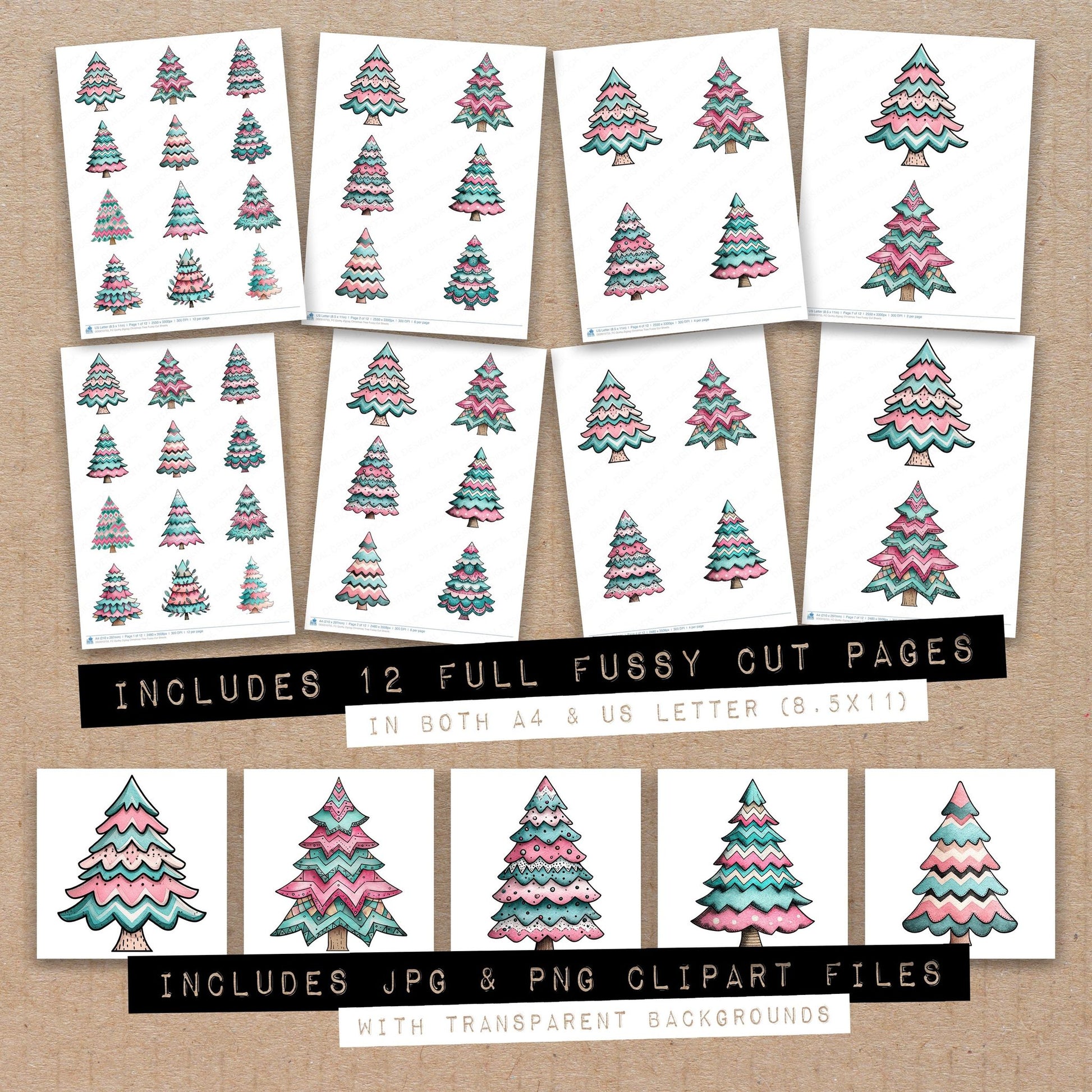 Full collection view of Quirky Zigzag Christmas Tree fussy cut sheets with bonus clipart JPG and PNG files