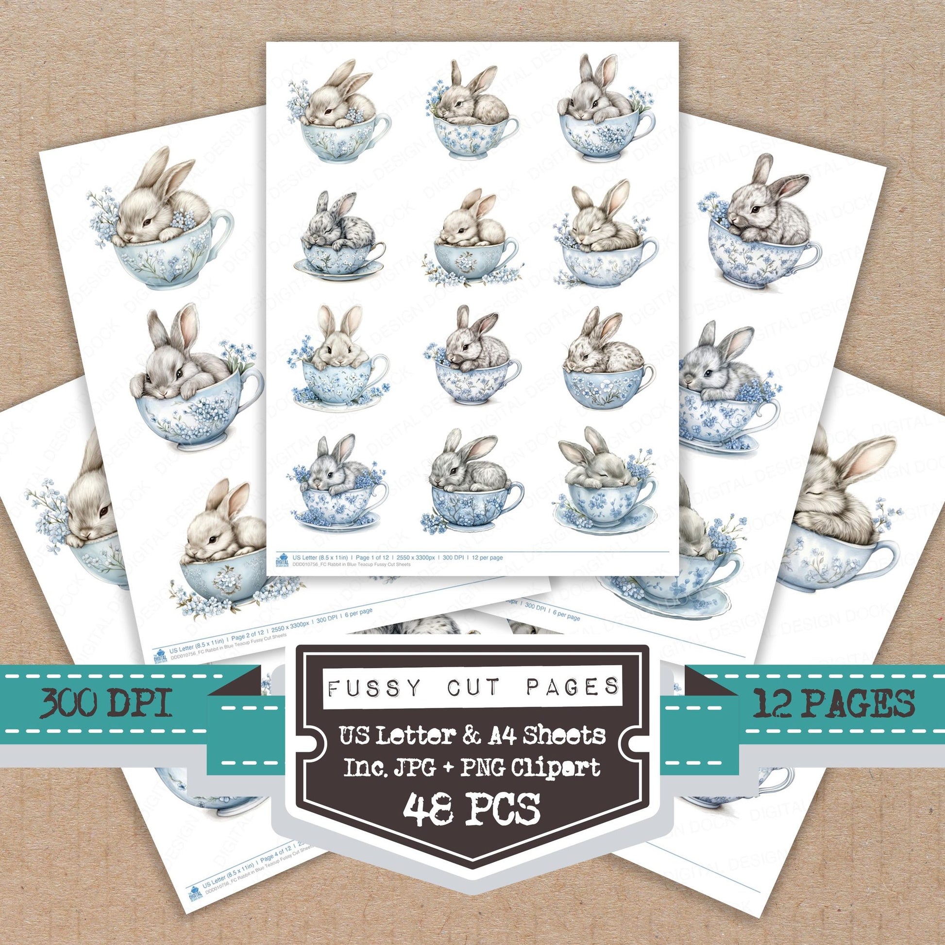Rabbit in Blue Teacup fussy cut printable sheets for junk journaling, scrapbooking, and paper craft projects