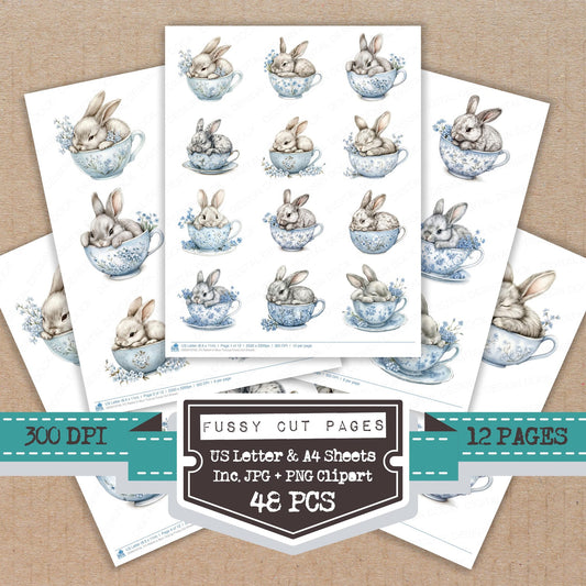 Rabbit in Blue Teacup fussy cut printable sheets for junk journaling, scrapbooking, and paper craft projects