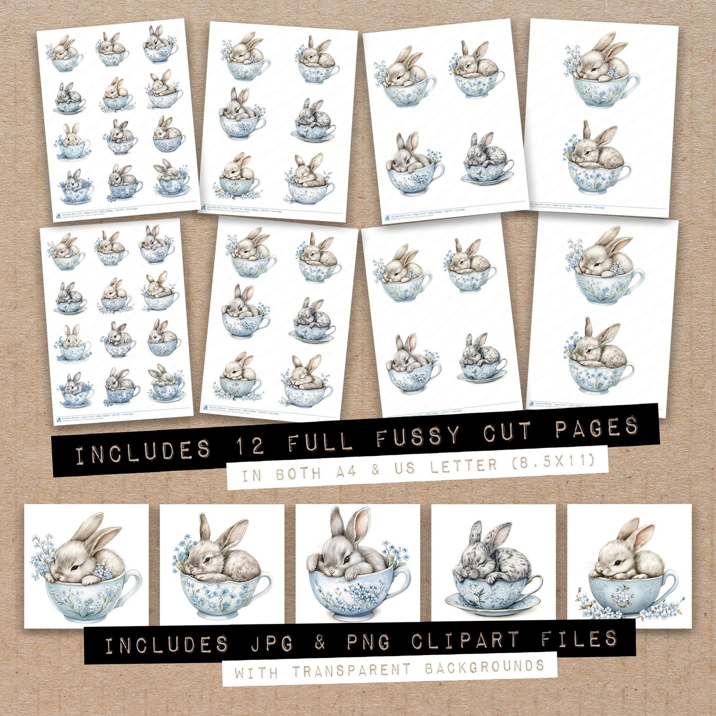 Full collection view of Rabbit in Blue Teacup fussy cut sheets with bonus clipart JPG and PNG files