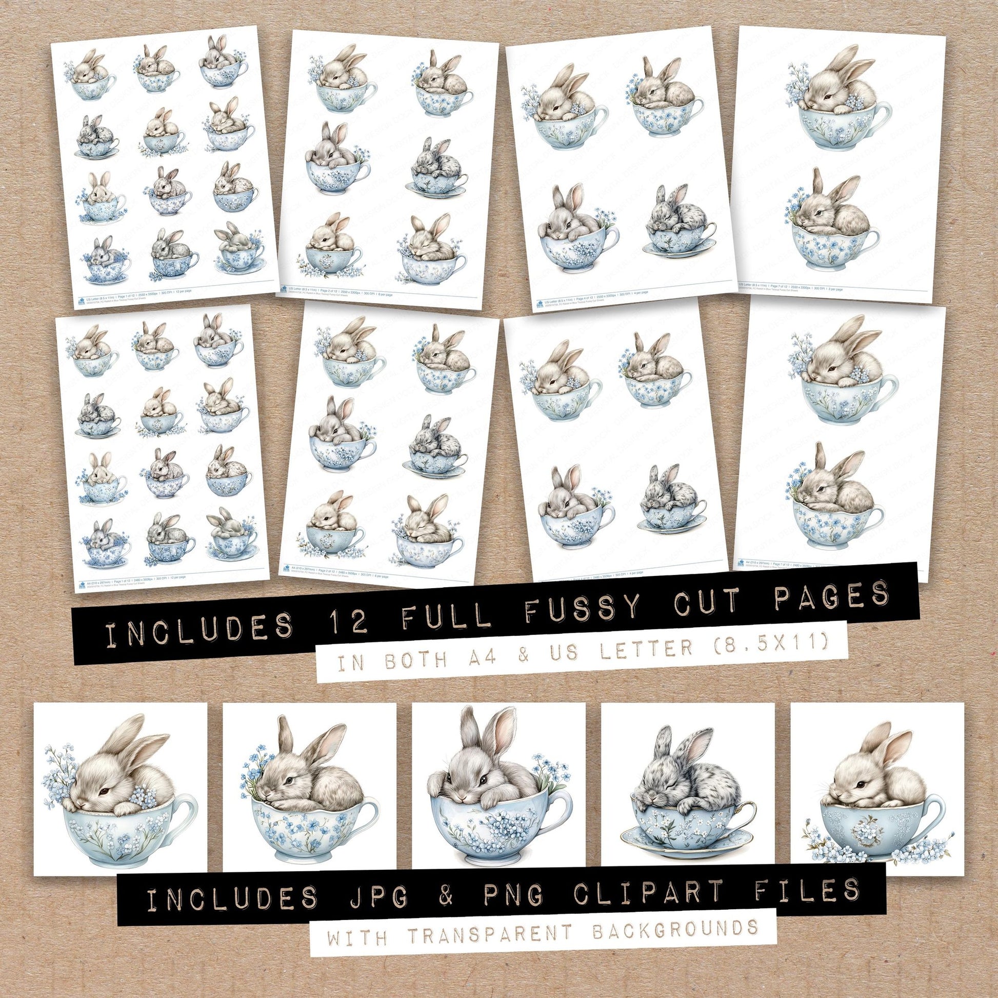 Full collection view of Rabbit in Blue Teacup fussy cut sheets with bonus clipart JPG and PNG files