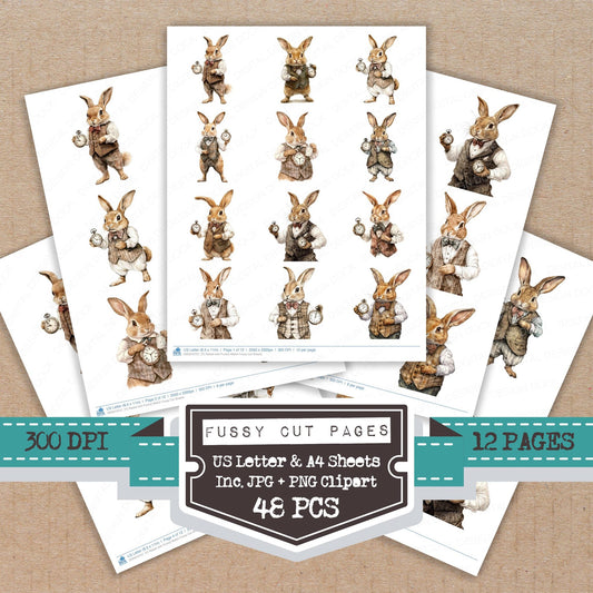 Rabbit with Pocket Watch fussy cut printable sheets for junk journaling, scrapbooking, and paper craft projects