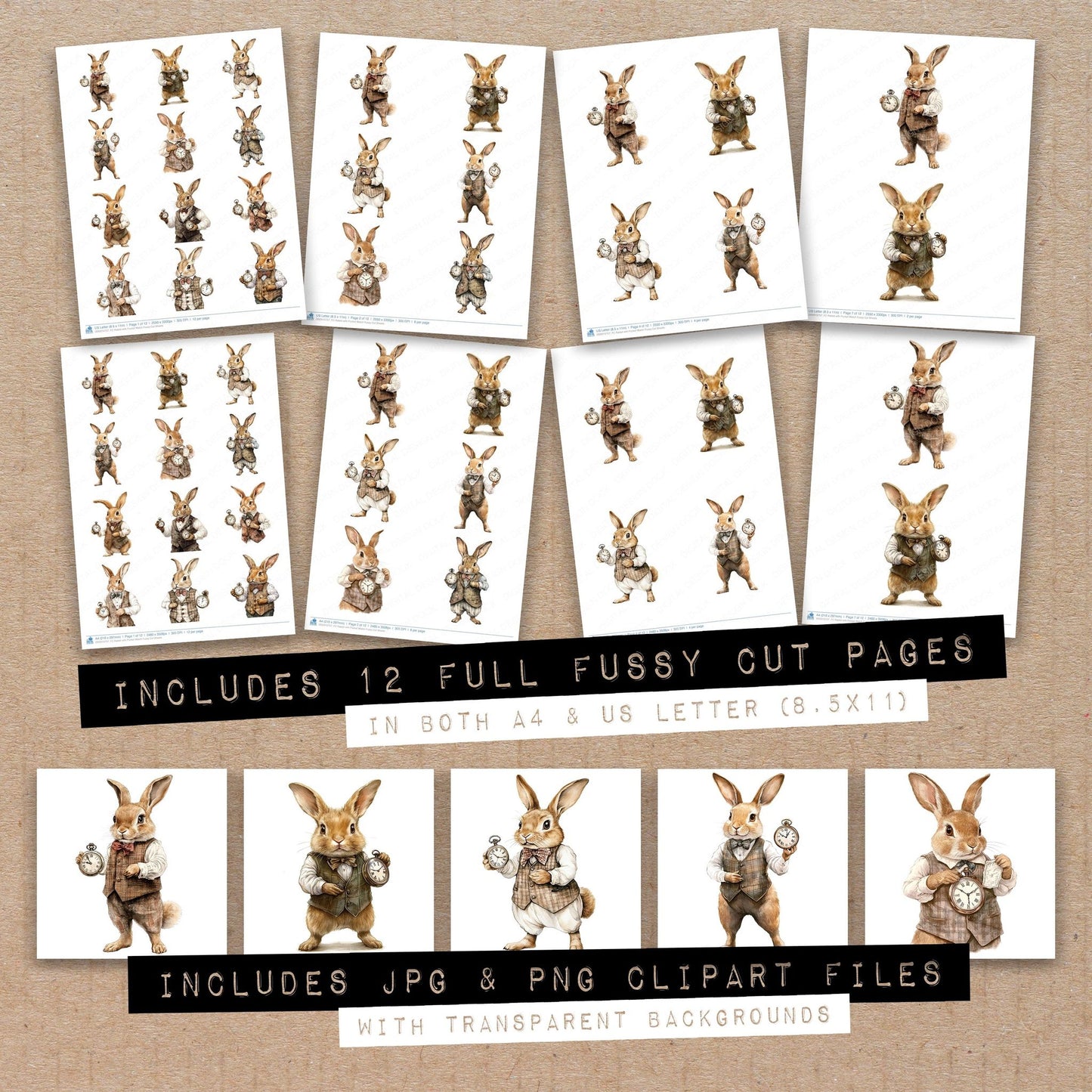 Full collection view of Rabbit with Pocket Watch fussy cut sheets with bonus clipart JPG and PNG files