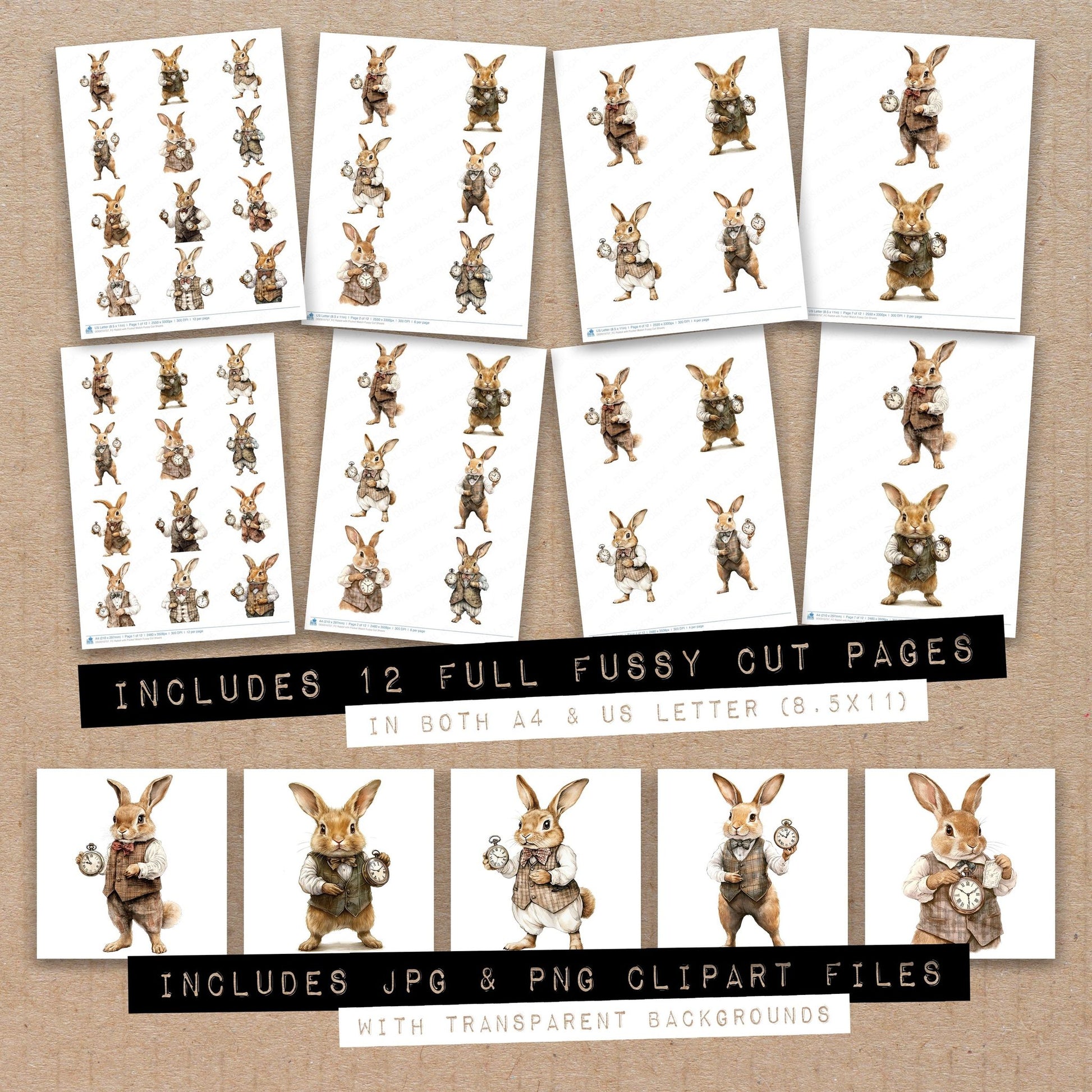 Full collection view of Rabbit with Pocket Watch fussy cut sheets with bonus clipart JPG and PNG files