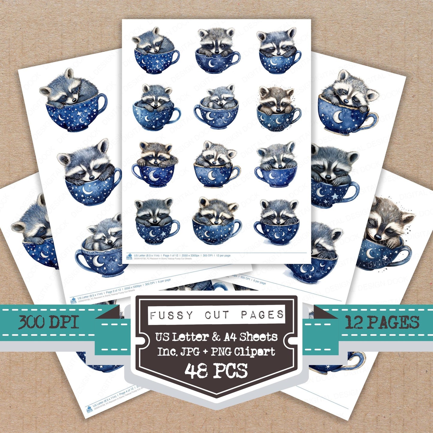 Raccoon in Starry Teacup fussy cut printable sheets for junk journaling, scrapbooking, and paper craft projects