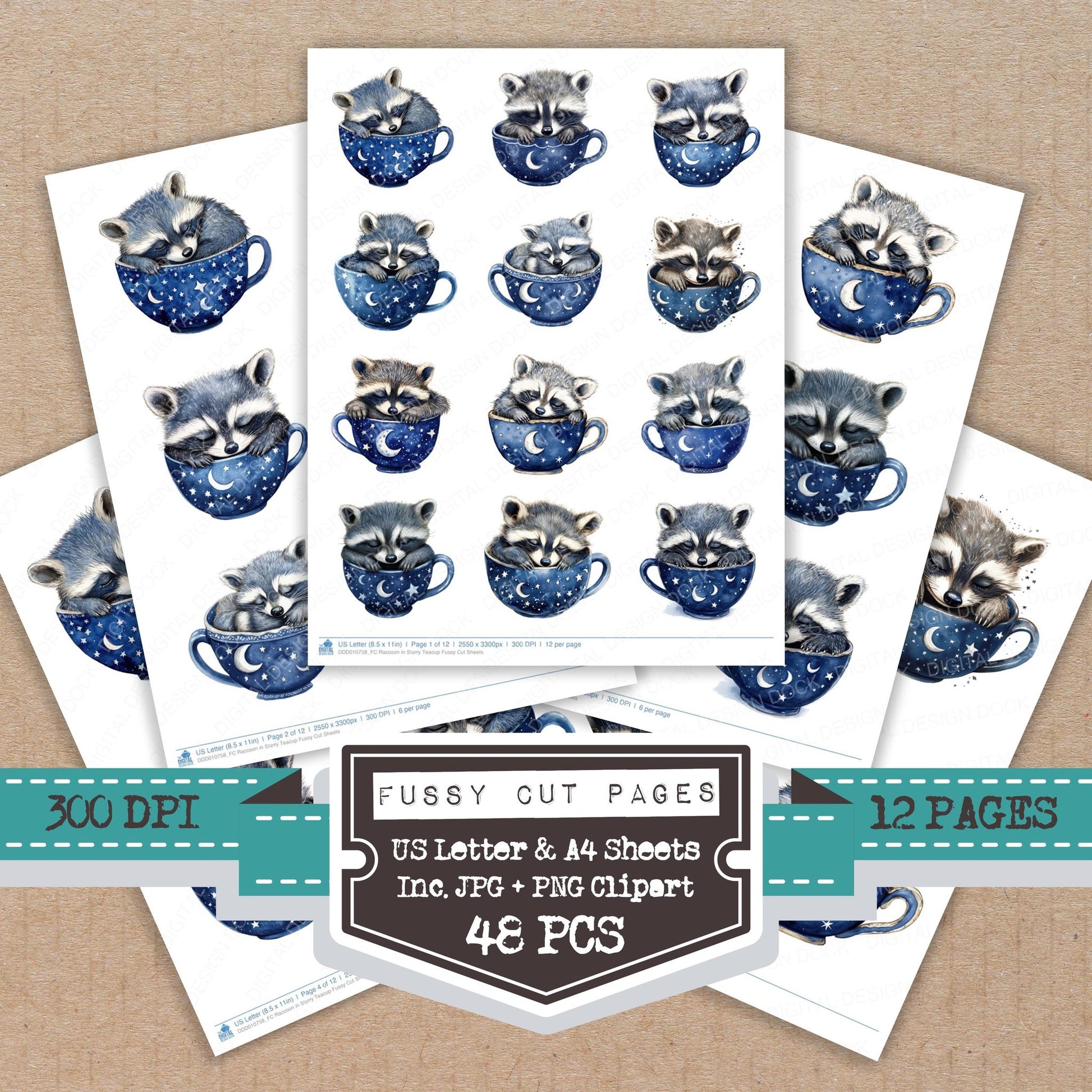 Raccoon in Starry Teacup fussy cut printable sheets for junk journaling, scrapbooking, and paper craft projects