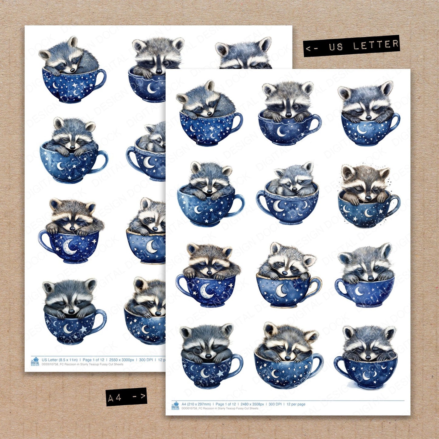 A4 and US Letter format comparison showing Raccoon in Starry Teacup fussy cut pages for print and cut crafting