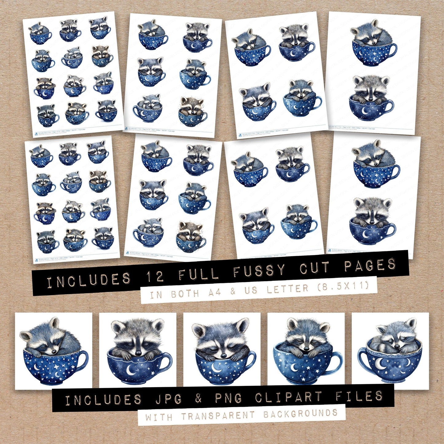 Full collection view of Raccoon in Starry Teacup fussy cut sheets with bonus clipart JPG and PNG files