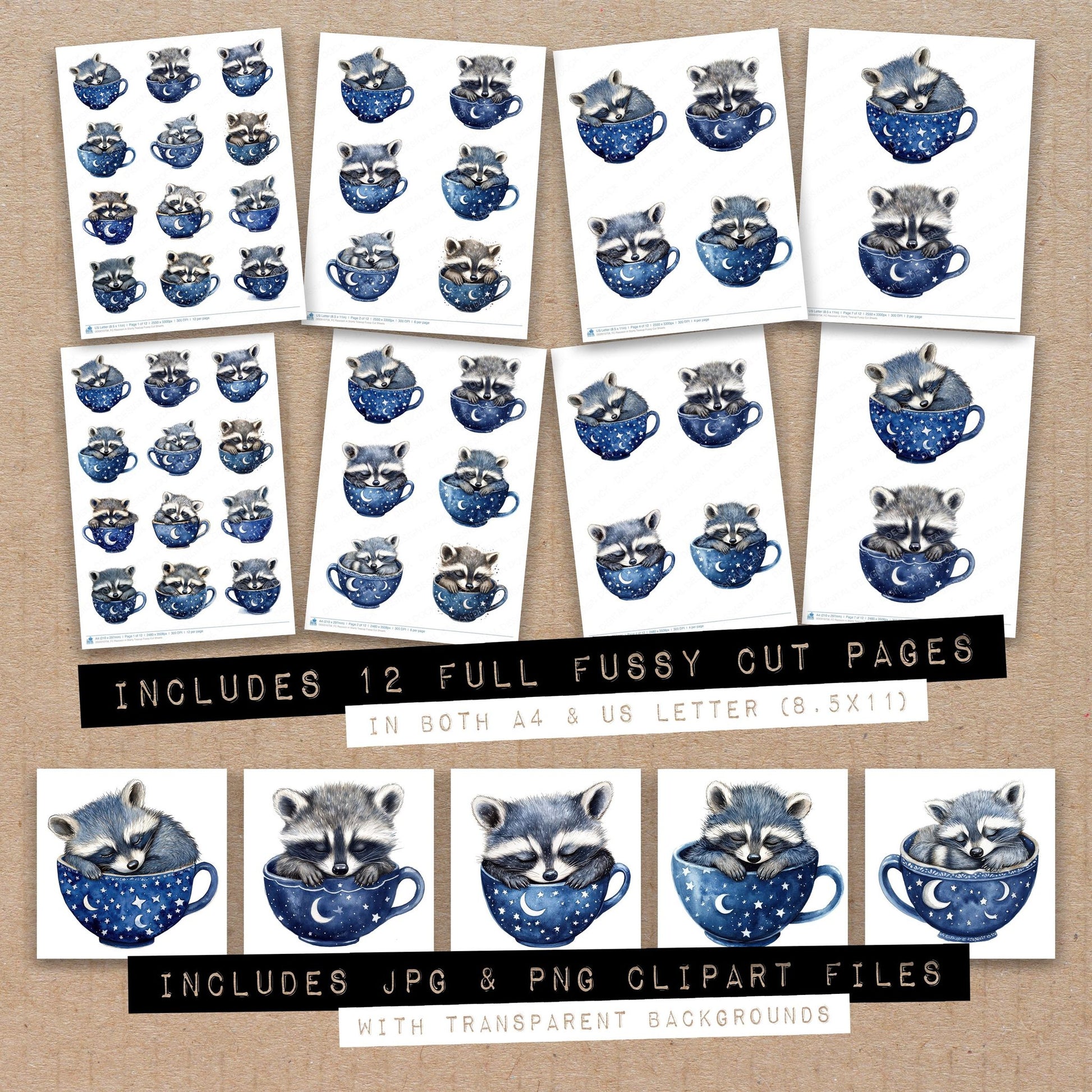 Full collection view of Raccoon in Starry Teacup fussy cut sheets with bonus clipart JPG and PNG files