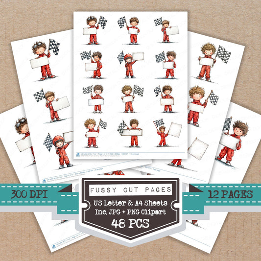 Race Car Driver Boy with Banner fussy cut printable sheets for junk journaling, scrapbooking, and paper craft projects