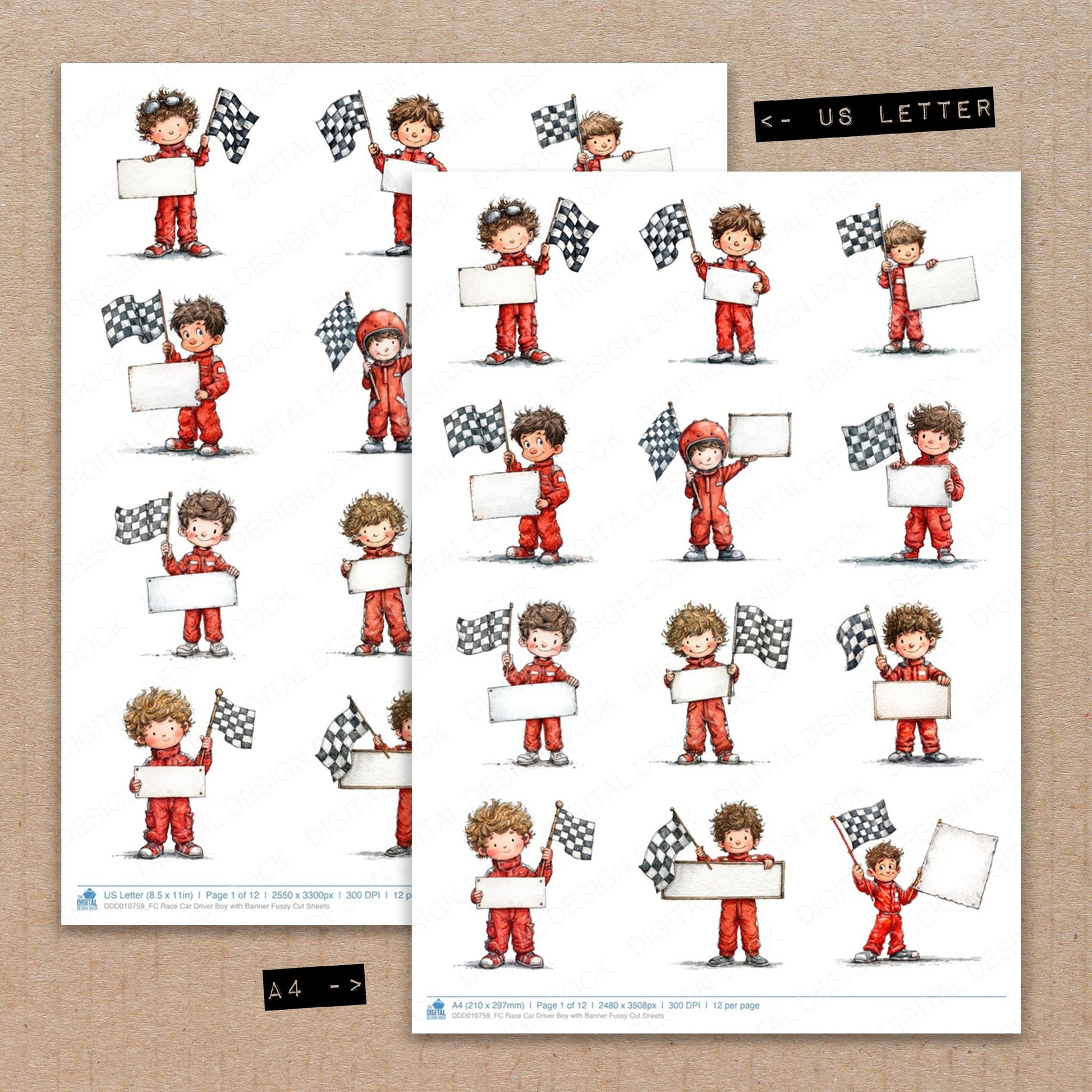 A4 and US Letter format comparison showing Race Car Driver Boy with Banner fussy cut pages for print and cut crafting