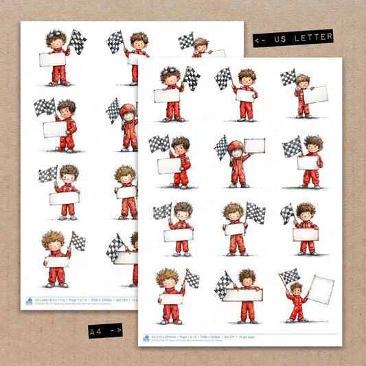 A4 and US Letter format comparison showing Race Car Driver Boy with Banner fussy cut pages for print and cut crafting