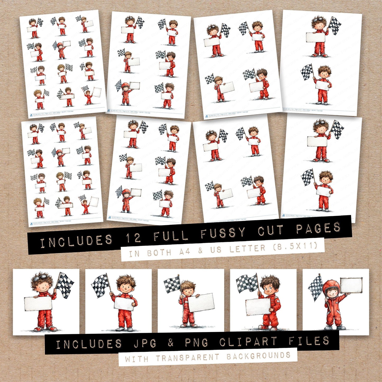 Full collection view of Race Car Driver Boy with Banner fussy cut sheets with bonus clipart JPG and PNG files