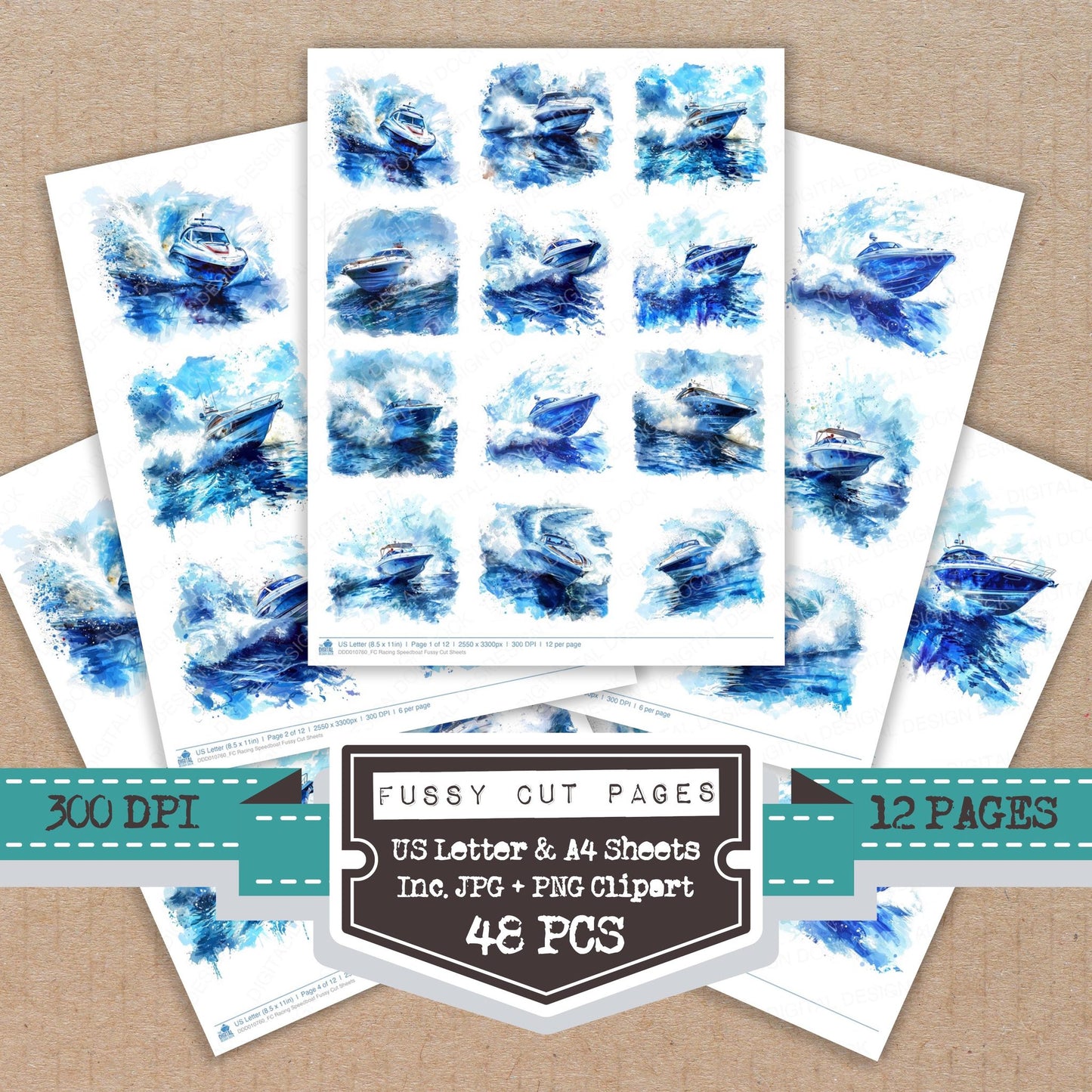 Racing Speedboat fussy cut printable sheets for junk journaling, scrapbooking, and paper craft projects