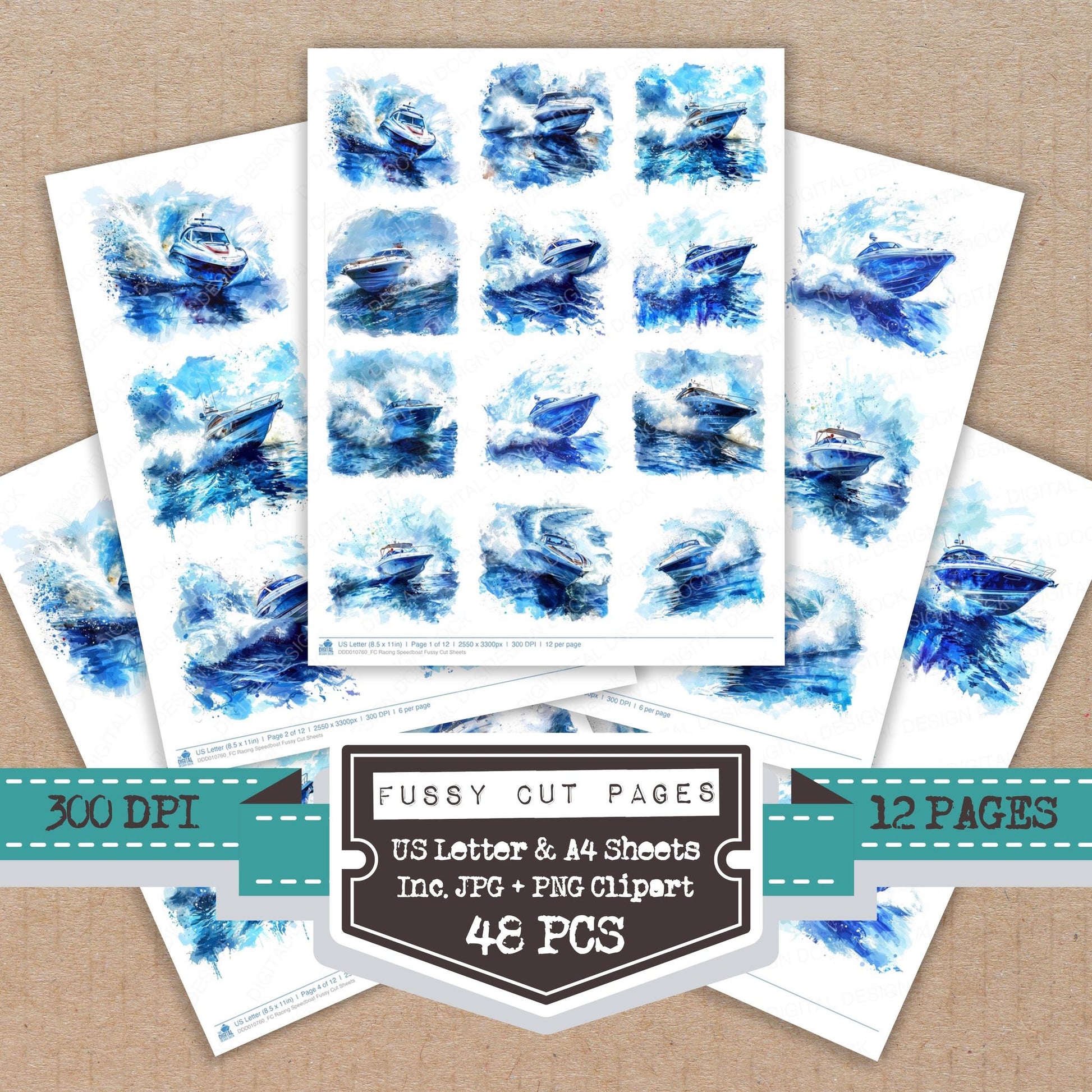 Racing Speedboat fussy cut printable sheets for junk journaling, scrapbooking, and paper craft projects