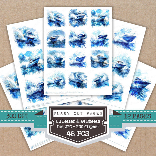 Racing Speedboat fussy cut printable sheets for junk journaling, scrapbooking, and paper craft projects