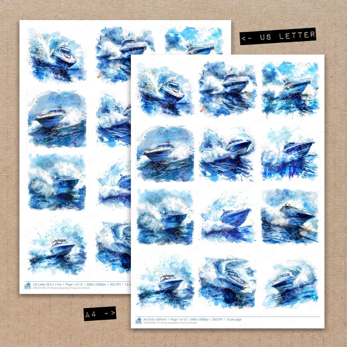 A4 and US Letter format comparison showing Racing Speedboat fussy cut pages for print and cut crafting